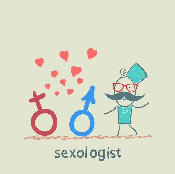 Sexólogo sosteniendo signos, hombres y mujeres — Archivo Imágenes Vectoriales