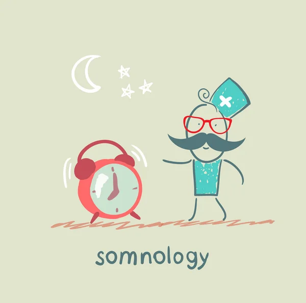 Somnology stands next to the alarm — Stock Vector