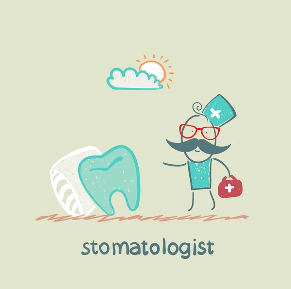 Stomatologist goes to the aching tooth, which lies on a bed — Stock Vector