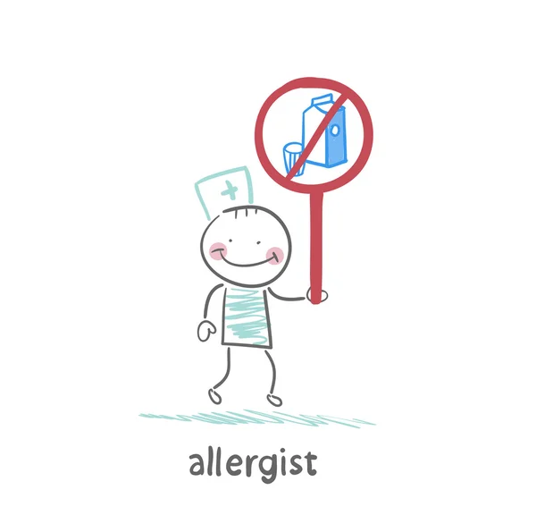 Allergist holds a sign prohibiting milk — Stock Vector