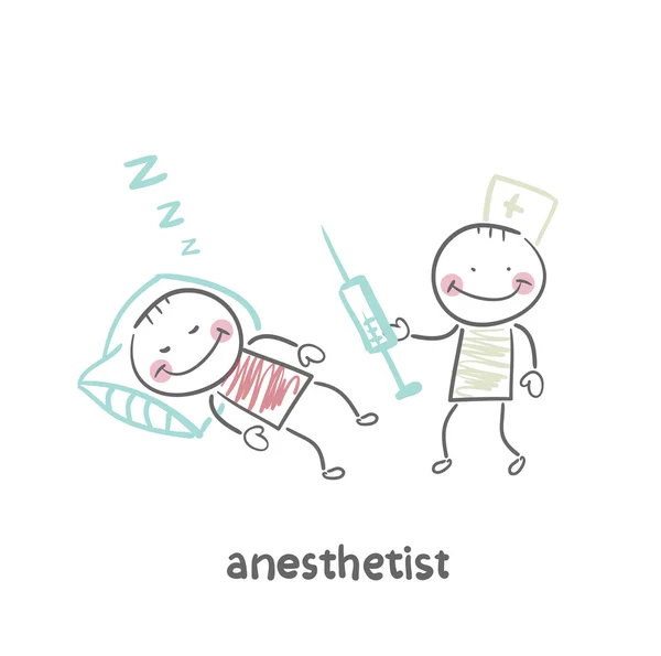Anesthesiologist with syringe next to a sleeping patient — Stock Vector