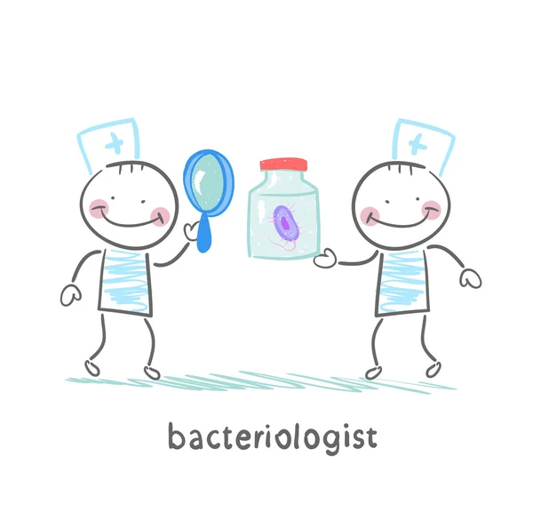 Bacteriólogo mirando a través de una lupa en la bacteria — Vector de stock