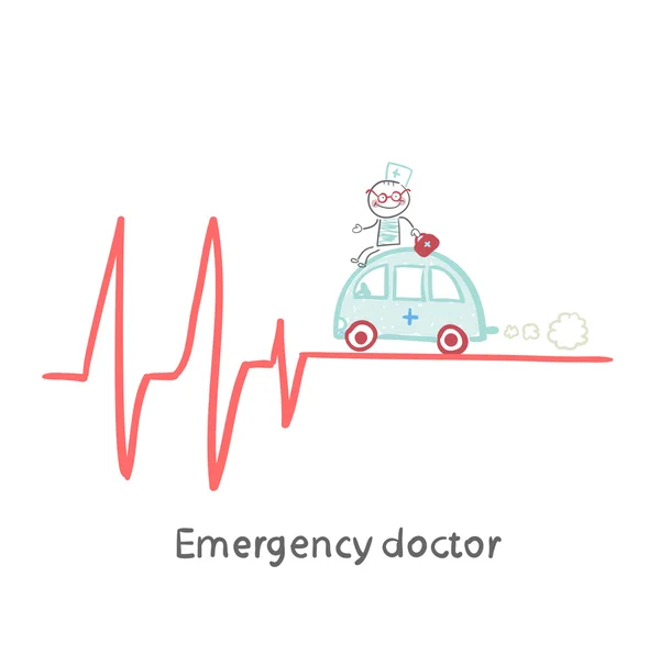 Emergency doctor traveling by car on ECG — Stock Vector