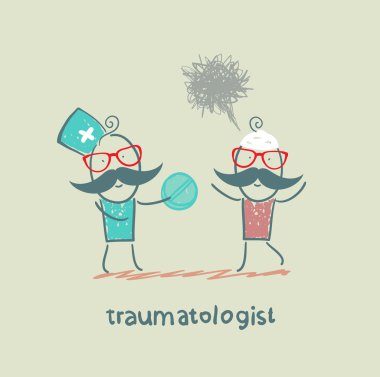 traumatologist giving pills to a patient with a head injury clipart