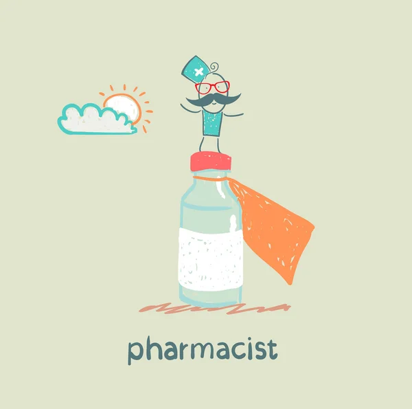 Farmacêutico está em um grande pote de medicamentos — Fotografia de Stock