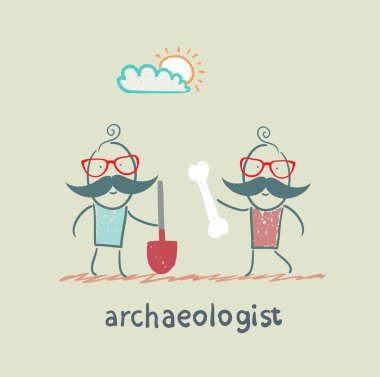 bir kürek ve başka bir arkeolog holding arkeolog kemik vardır