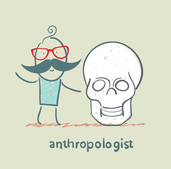 Antropólogo fica ao lado do crânio — Vetor de Stock