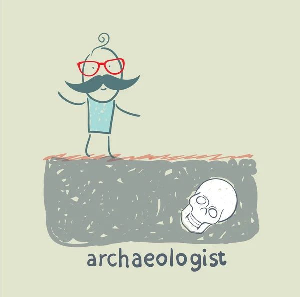Arqueólogo fica no local onde o crânio enterrado — Vetor de Stock