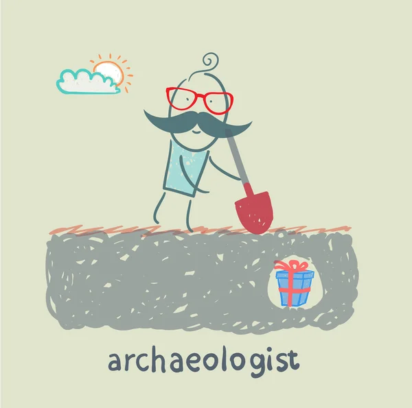 Archaeologist stands on the spot where buried gift — Stock Vector