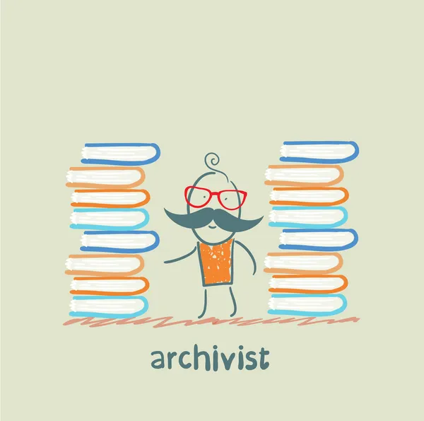 Archivist standing near piles of books — Stock Vector