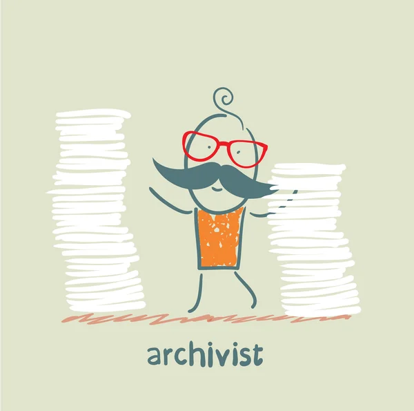 Archivist is standing near the pile of papers — Stock Vector