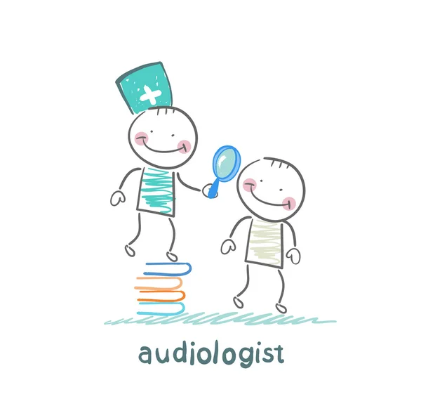 Otorrinolaringólogo se coloca en un montón de libros y mirando a través de una lupa en la oreja del paciente — Archivo Imágenes Vectoriales