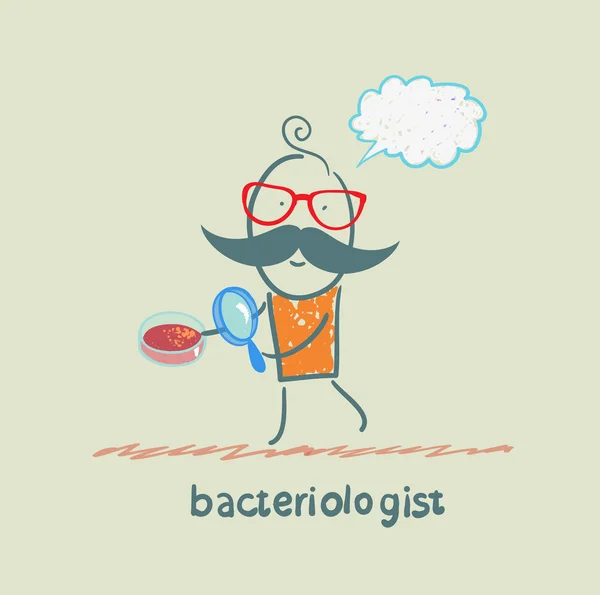 Bacteriologist looks through a magnifying glass on microbes — Stock Vector
