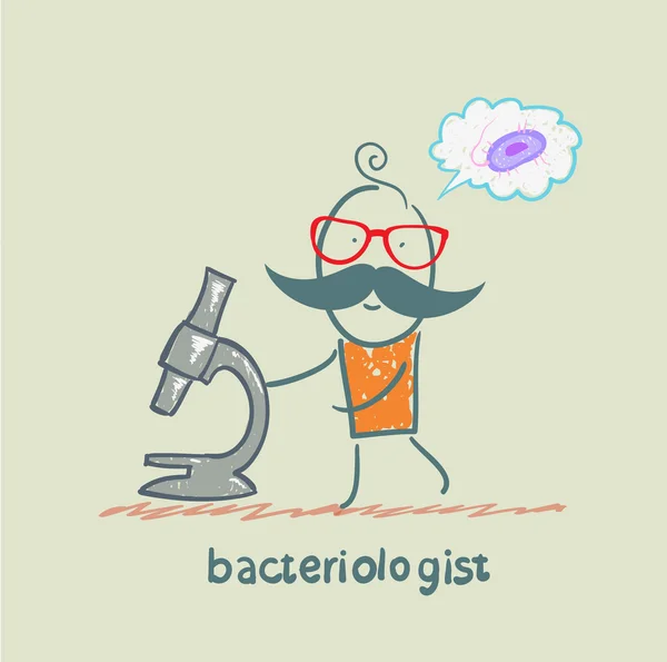 Batteriologo pensando ai germi e guarda attraverso un microscopio — Vettoriale Stock