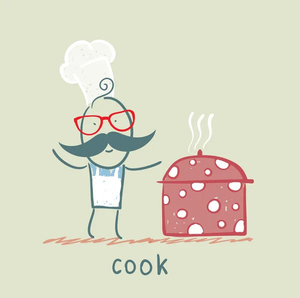 Cook stands next to a pot — Stock Vector