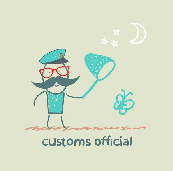 Customs officer catches the butterfly a net — Stock Vector