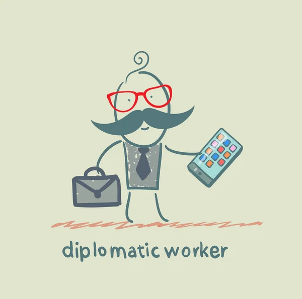 Διπλωματική εργαζόμενος κατέχει ένα κινητό — Διανυσματικό Αρχείο
