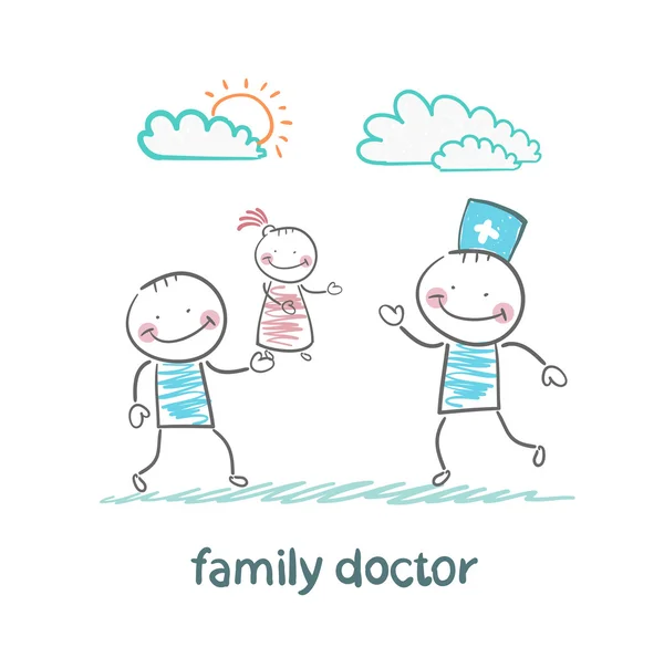 Family doctor treats her mother with a child — Stock Vector