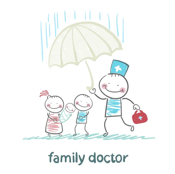 Family doctor holding an umbrella from the rain on her mother, father and child — Stock Vector