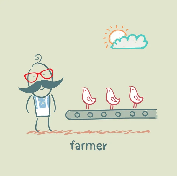 Agricultor cultiva pollos — Vector de stock