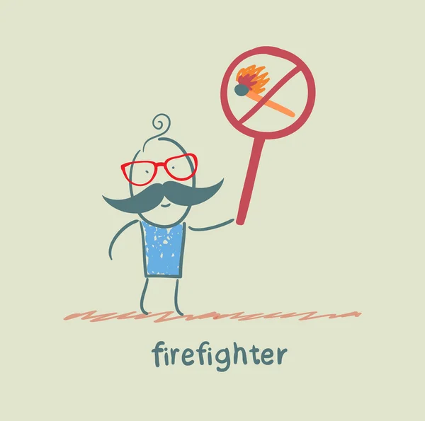 Firefighter holding the sign ban on burning stick — Stock Vector