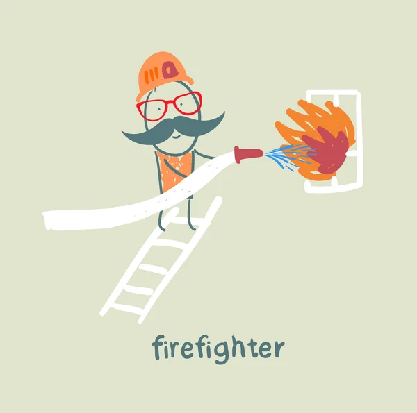 Пожежник підпалює вікно, стоячи на сходах — стоковий вектор