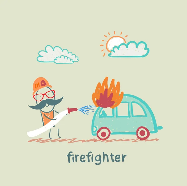 Пожежник гасить автомобіль — стоковий вектор