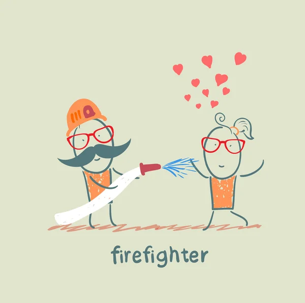 Firefighter extinguishes a girl who fell in love — Stock Vector