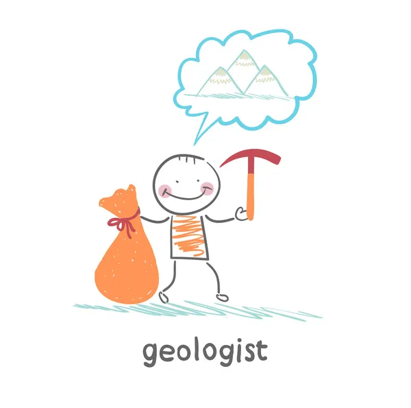 Geologo che tiene un martello e una borsa e pensa alle montagne — Vettoriale Stock