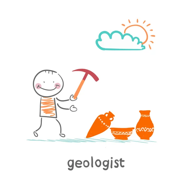 Geologists hold a hammer and stands near the ancient utensils — Stock Vector