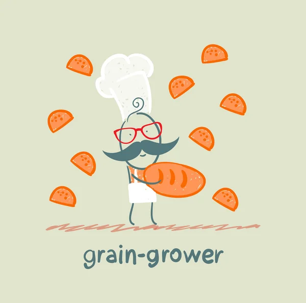 Grain grower keeps the bread and butterflies fly around — Stock Vector