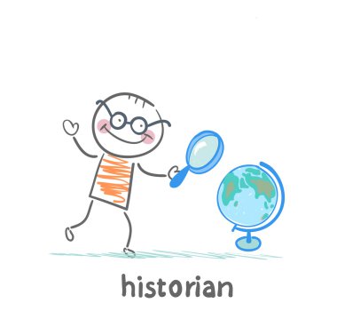 historian looks at the globe through a magnifying glass clipart