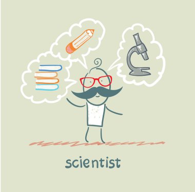 bilim adamı kitap, kalem ve mikroskop hakkında düşünüyor.