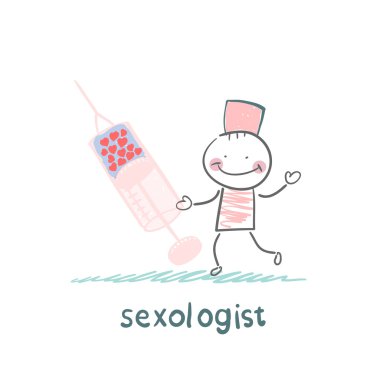 Sexologist with a syringe filled with hearts clipart