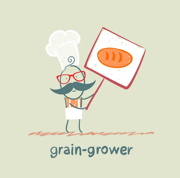 Grain grower holds a poster with bread — Stock Vector