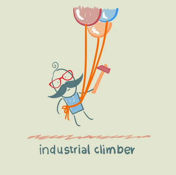 Industrial climber flies on the balloons with a hammer — Stock Vector