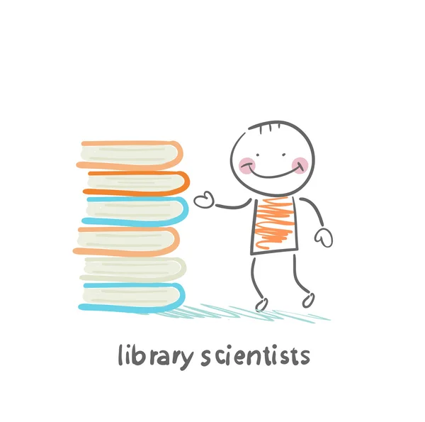 Library of scientists standing near books — Stock Vector