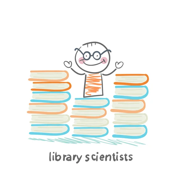 Library scientists stands near a lot of books — Stock Vector