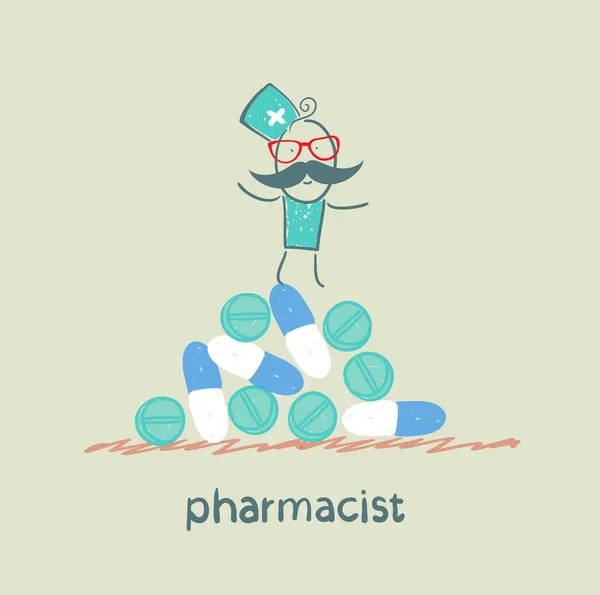 Pharmacist is on a pile of pills and capsules — Stock Vector