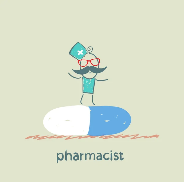 Pharmacist is on a large tablet — Stock Vector