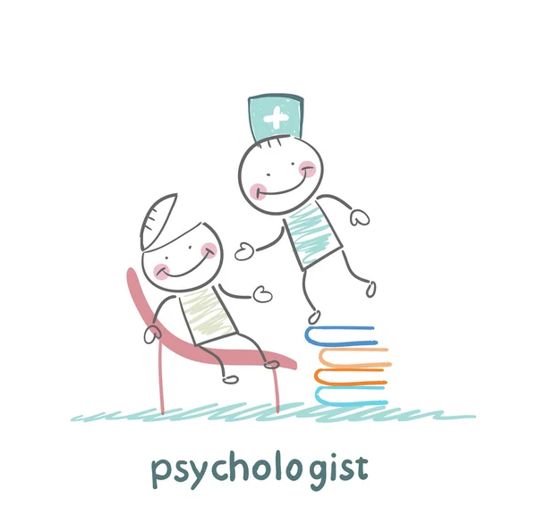 Psychologist is on a stack of books and looks inside the patient's head — Stock Vector