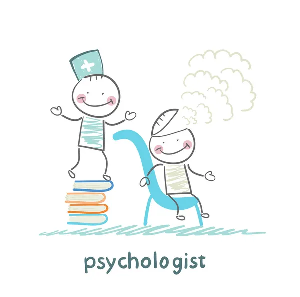 Psychologist is on a stack of books and produces steam from the patient's head — Stock Vector