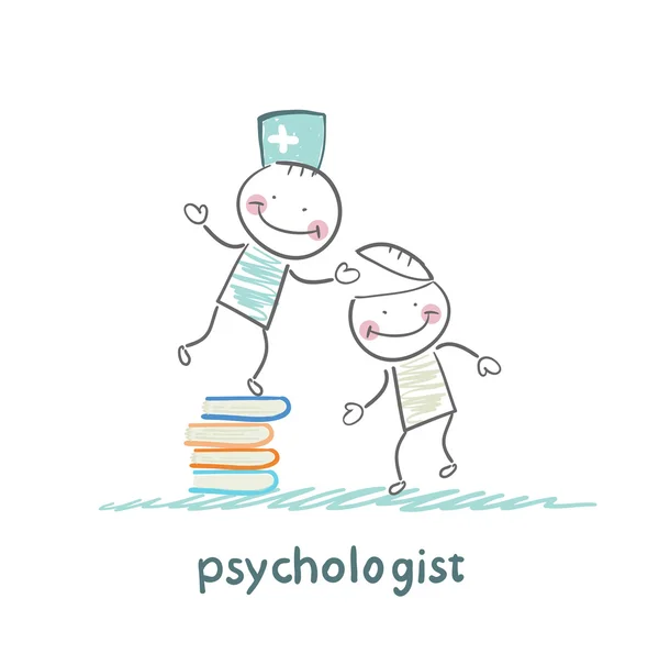 Psychologist is on a stack of books and gives the patient a tablet — Stock Vector