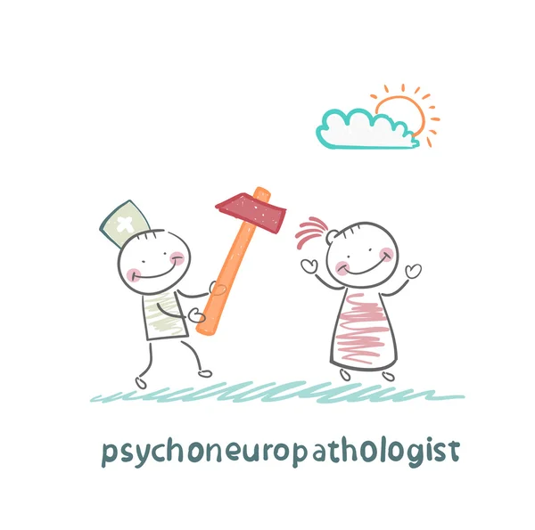 Psychoneuropathologist runs with a hammer for the patient — Stock Vector