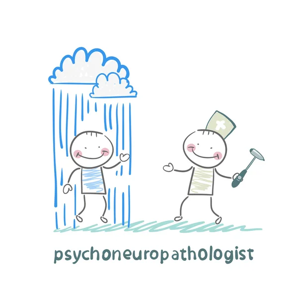 Psiconeuropatólogo está al lado de un paciente nervioso sobre el que llueve — Archivo Imágenes Vectoriales