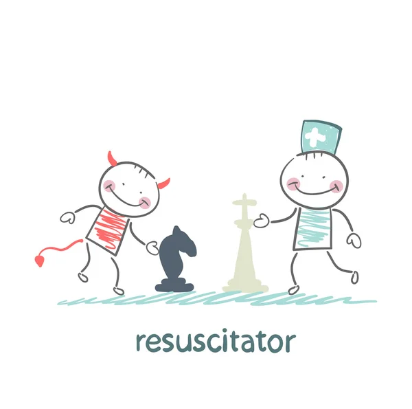 Resuscitator carry on a stretcher patientresuscitator plays chess with the devil — Stock Vector