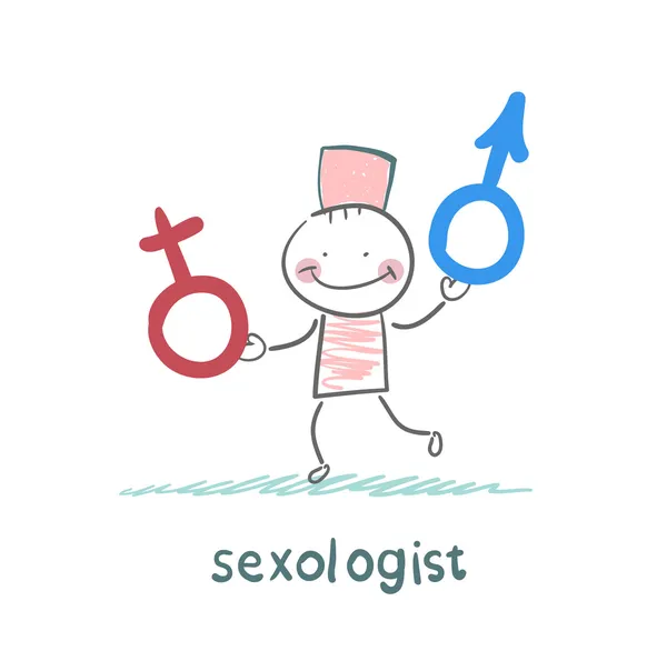 Sexologist κρατούσαν τα σημάδια, αρσενικό και θηλυκό — Διανυσματικό Αρχείο