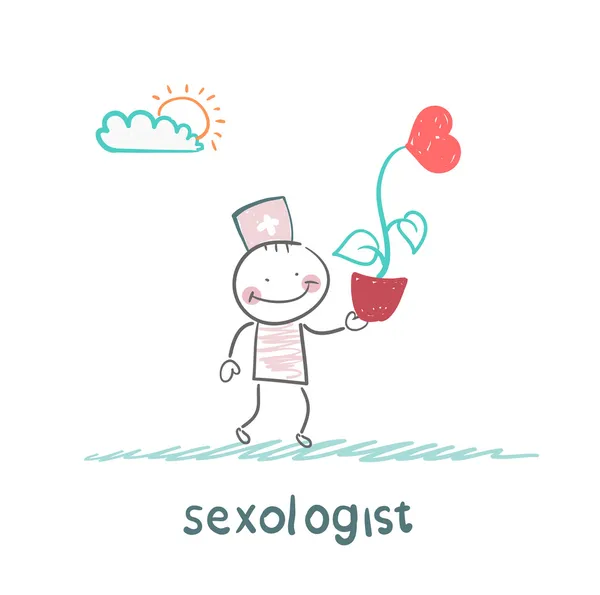 Sexologist is holding a flower with a heart — Stock Vector