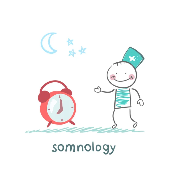 Somnology treats a patient with clock — Stock Vector