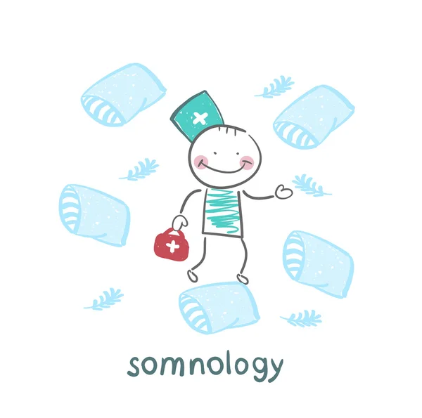 Somnology flies on pillows — Stock Vector